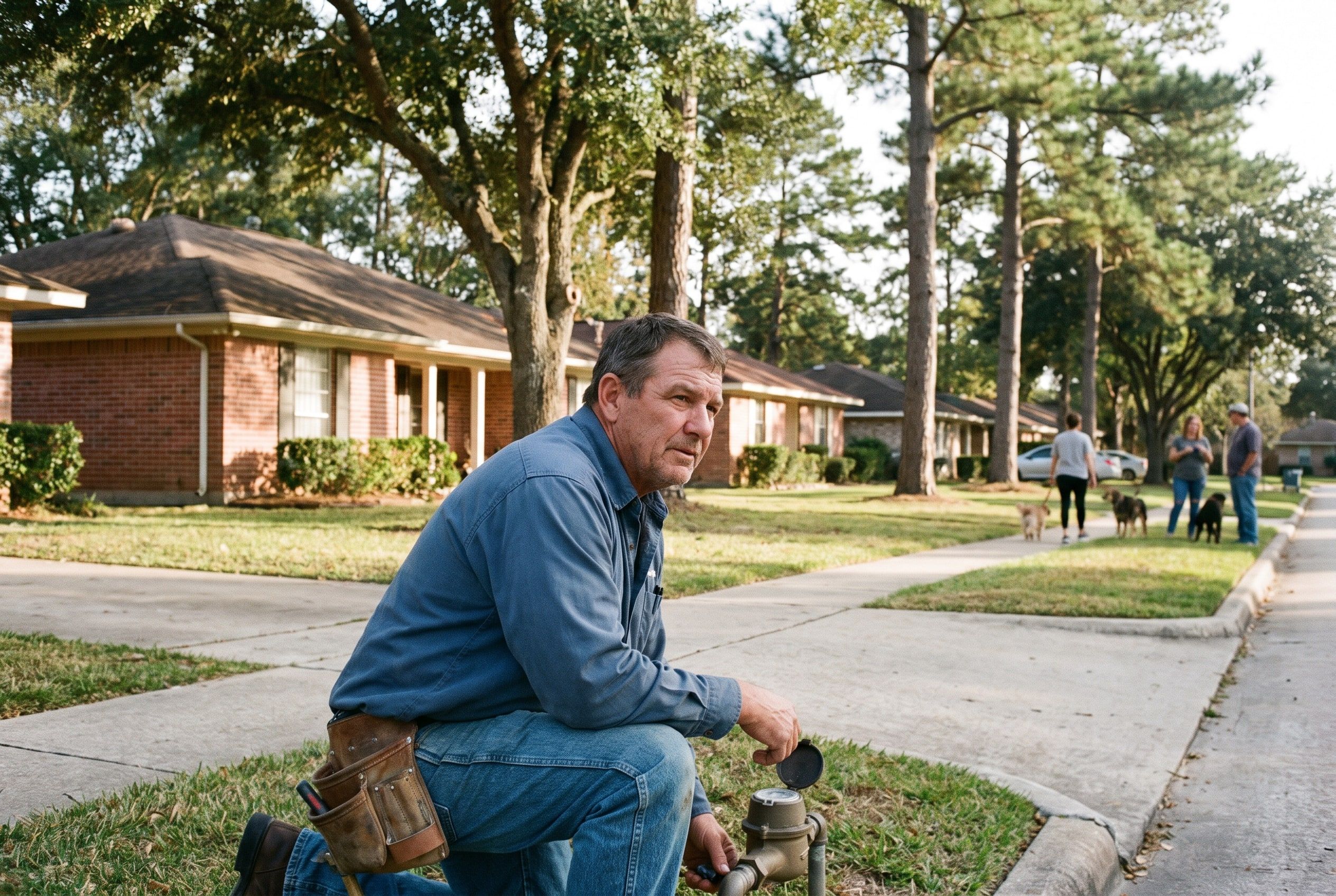 A Halyard plumber kneels at the curb water meter on a tree-lined street of brick houses in morning light, neighbours walking a dog behind him.