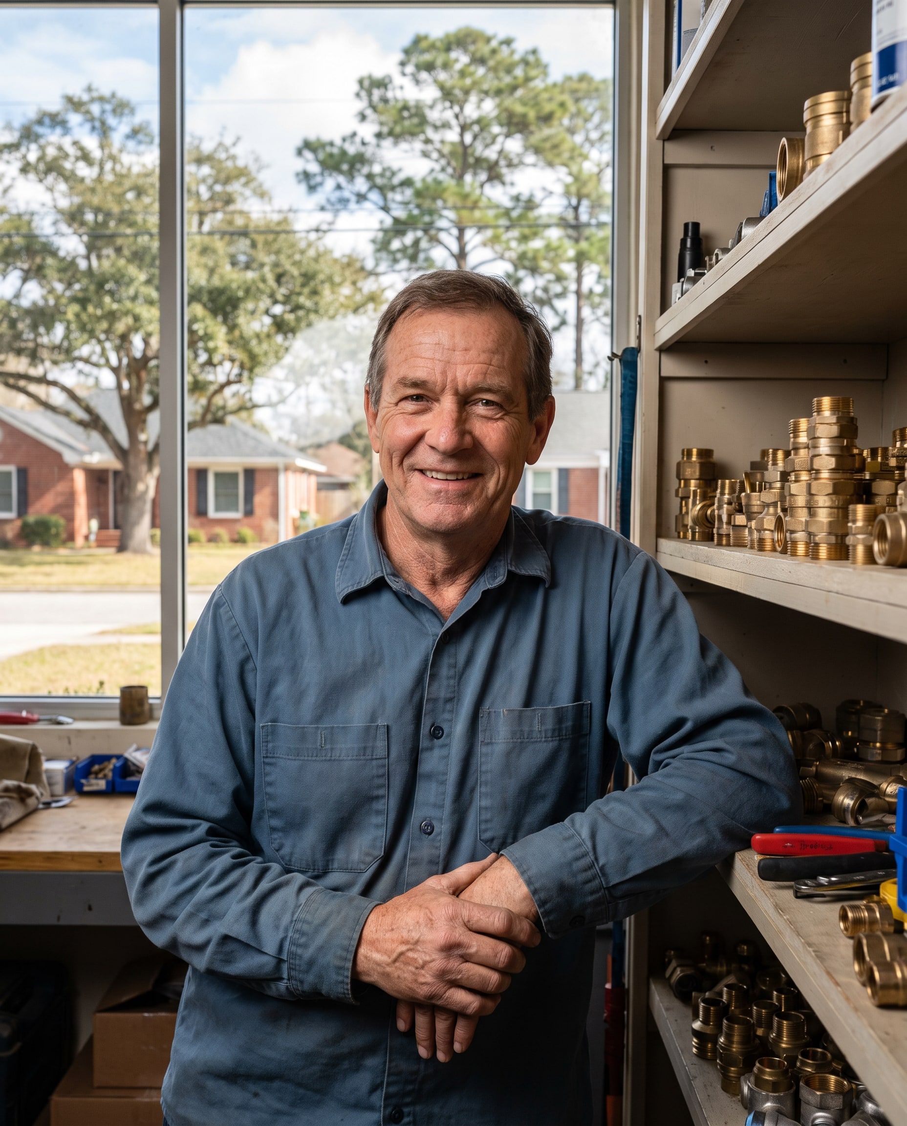 Walt, the owner, smiling in a workshop lined with shelves of brass fittings.