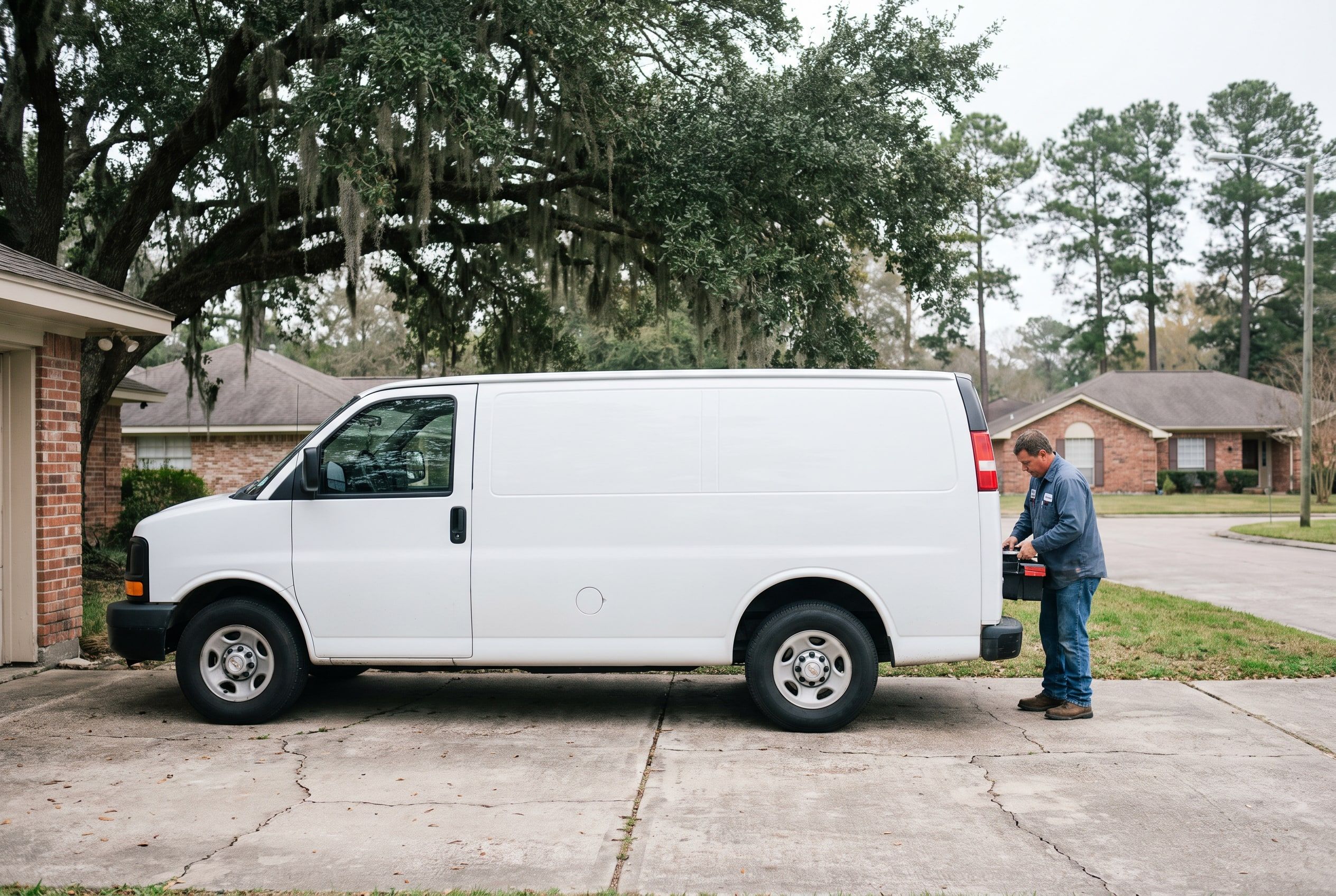 A Halyard service van parked in a driveway under a live oak in the early morning.